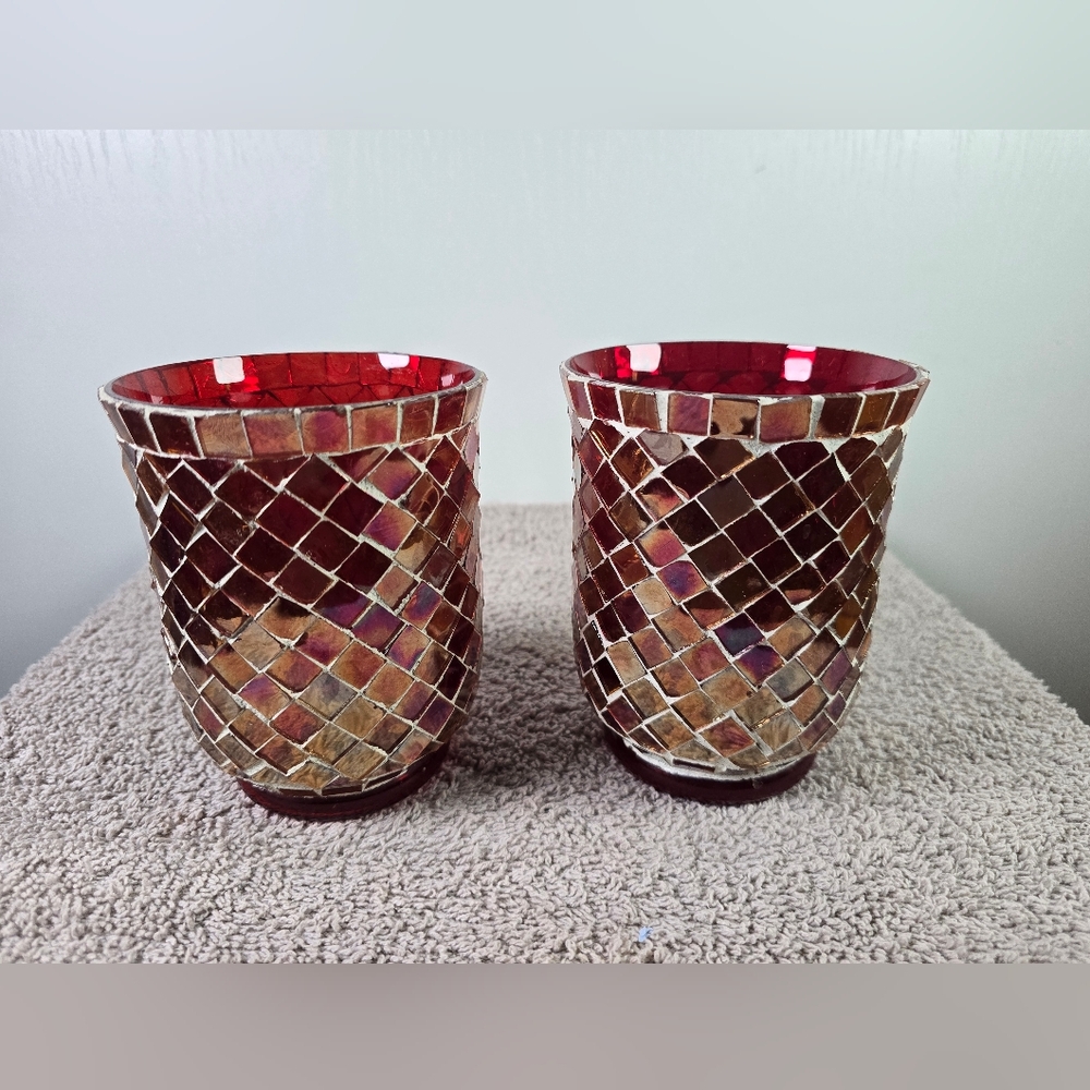 Elegant Mosaic Glass Candle Holders - Red and Pink